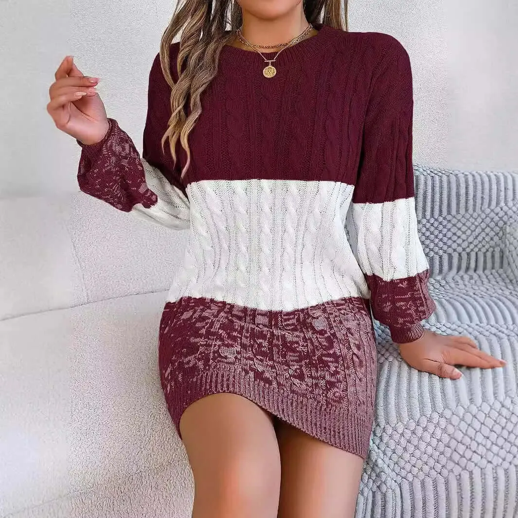 Women's autumn and winter European and American casual color matching twisted lantern sleeve sweater dress