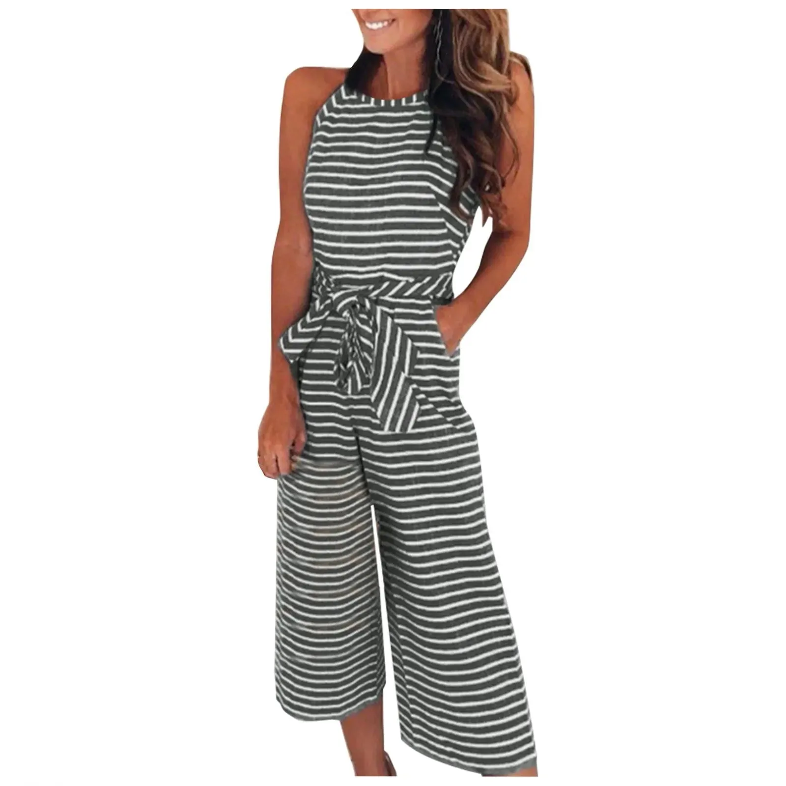 Women's Fashion Slim Sexy Pocket Striped Round Neck Sleeveless Jumpsuit