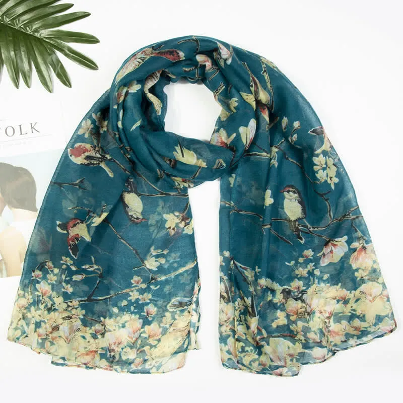 Women's Lightweight Blooming Floral Birds Scarf