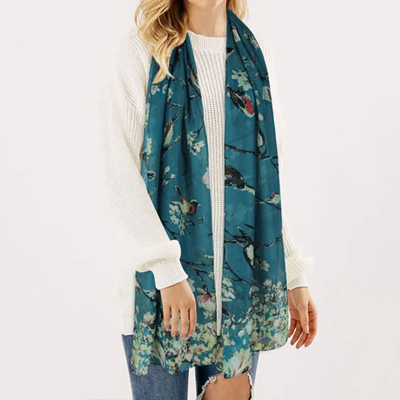 Women's Lightweight Blooming Floral Birds Scarf