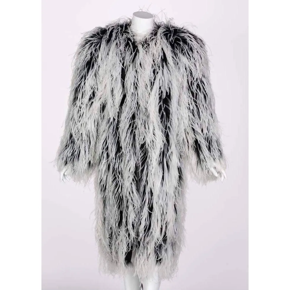 YVES SAINT LAURENT White & Black Ostrich Feather Coat | Size M/L